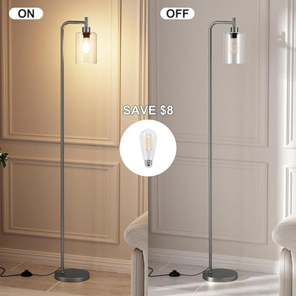 Floor Lamps for Living Room - Industrial Standing Lamp with Glass Shade, Modern Grey Floor Lamp with LED Bulb, Farmhouse Floor Lamp for Bedroom, Tall Lamp for Office - Grey