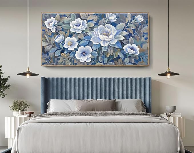 ARTZON Framed Extra Large Canvas Wall Art Blue Floral Peony Blossom Picture Botanical Flower Prints Oversized Horizontal Art work for Wall Decor Home Above Bed Dining Room Living Room Hallway 58"x29"