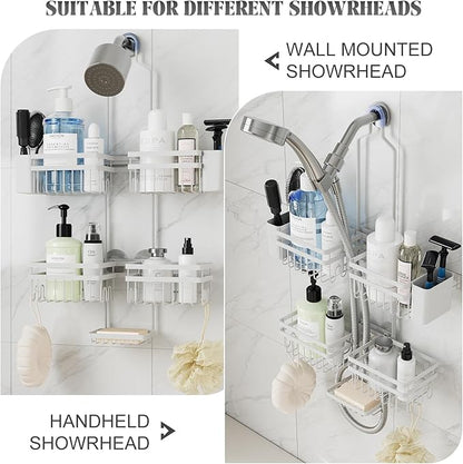 Shower Caddy Hanging for Bathroom Organizers and Storage - 3-Tier Adjustable Anti-Swing Shower Organizer for Handheld Showerhead with Heavy-Duty Suction Cups, Damage-Free Rustproof (White)