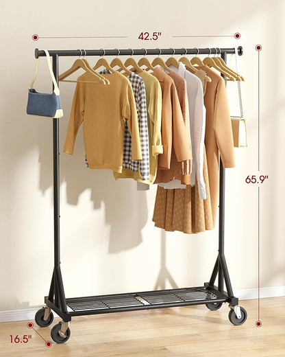 Stainless Steel Rolling Clothes Rack with Mesh Shelf, Lockable Wheels & Anti-Slip Stoppers, Freestanding Clothing Organizer for Bedroom, Laundry Room, 42.5" x 16.5" x 65.9", Black