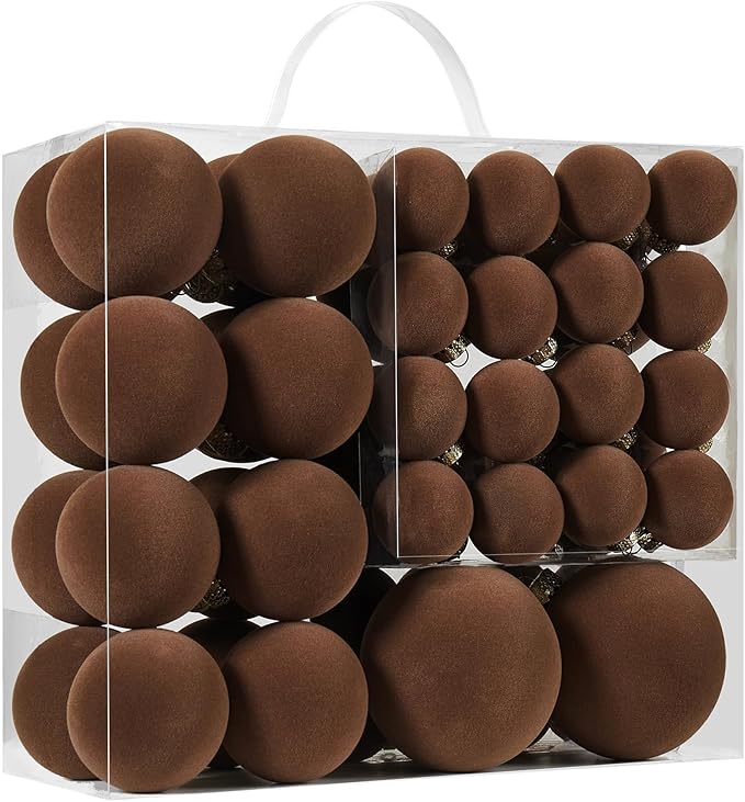 Velvet Christmas Ball Ornaments Set-46pcs Flocked Shatterproof Christmas Tree Decorations Plastic Xmas Decorative Hanging Ornaments for Xmas Holiday Home Decor,3 Sizes(Brown)
