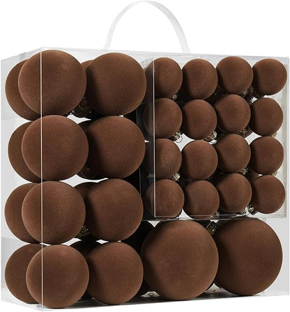 Velvet Christmas Ball Ornaments Set-46pcs Flocked Shatterproof Christmas Tree Decorations Plastic Xmas Decorative Hanging Ornaments for Xmas Holiday Home Decor,3 Sizes(Brown)