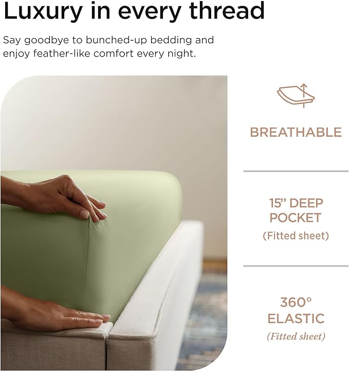 Threadmill 100% Cotton Sheets for Twin Size Bed - 600 Thread Count Twin Bed Sheets Set with 15” Deep Pocket - Sateen Weave 3-Piece Bedding Set with Cooling Effect, Sage Green