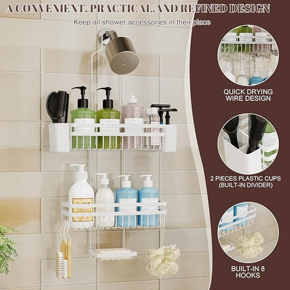 Shower Caddy Hanging for Bathroom Organizers and Storage, Adjustable Anti-Swing Shower Organizer for Wall-Mounted Showerhead with Heavy-Duty Suction Cups, Damage-Free Rustproof (White)