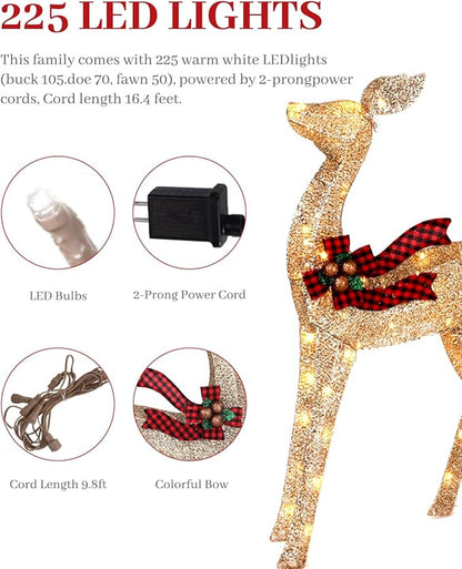 3-Piece Large Lighted Christmas Deer Family Set, Christmas Indoor and Outdoor Decoration with 225 Warm White LED Lights, Ground Pegs, Cable Ties. Suitable for Patio Lawn Garden Party-Champagne