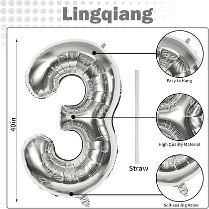 Silver 3 Balloons, 40 Inch Giant Helium Foil Number 0-9 Silver 3rd Birthday Balloon for Boys Girls, Self Inflating Digit 3 Balloons for Women Men Anniversary New Year Party Decorations Supplies