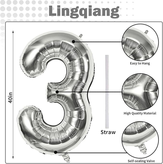 Silver 3 Balloons, 40 Inch Giant Helium Foil Number 0-9 Silver 3rd Birthday Balloon for Boys Girls, Self Inflating Digit 3 Balloons for Women Men Anniversary New Year Party Decorations Supplies