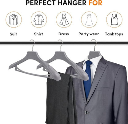 DEDU Suit Hangers for Men 20 Pack, Grey Coat Hangers Extra Wide Non Slip Width 17.7", Thick Plastic with Pants Bar & Metal Hook