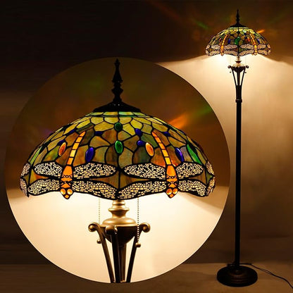 Tiffany Floor Lamp Brown Yellow Stained Glass Dragonfly Standing Reading Light 16X16X70 Inches Antique Pole Corner Lamp Decor Bedroom Office Living Room
