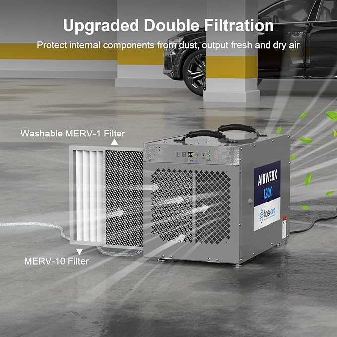 BASEAIRE 235 Pints Crawl Space Commercial Dehumidifier with Pump, AirWerx120X Dehumidifier Whole Homes, Basements, up to 3,300 sq. ft. cETL, Water Damage Storage