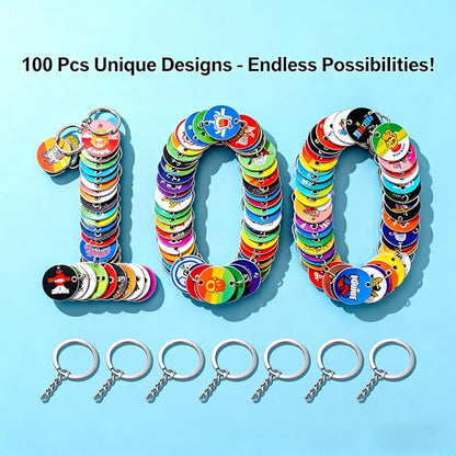 100 Pcs Bulk Keychains - Assorted PVC Keychain Lot with 10 Keyrings, Party Favors & Gifts