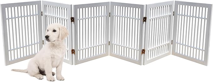 Pet Dog Gate Strong and Durable Freestanding Folding Acacia Hardwood Portable Wooden Fence Indoors or Outdoors by Urnporium (White Pet Gate, 6 Panel 24" Tall)
