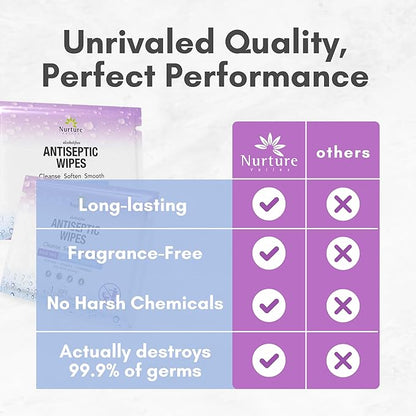 XL Individually Wrapped Nurture Antibacterial Body & Hand Wipes | Alcohol-Free Antiseptic Wet Disinfecting Towelettes for Germ Removal, Sanitizing Hands |Cleaning Cloths| Adults & Baby| Thick & Strong