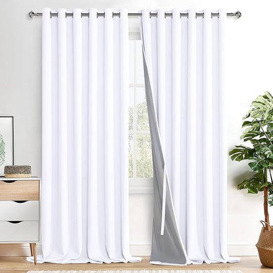 XWZO White 100% Blackout Curtains - Heat and Full Light Blocking Drapes with Black Liner for Large Windows, Grommet Top Window Panels with Tiebacks, White, W70 x L108, Set of 2