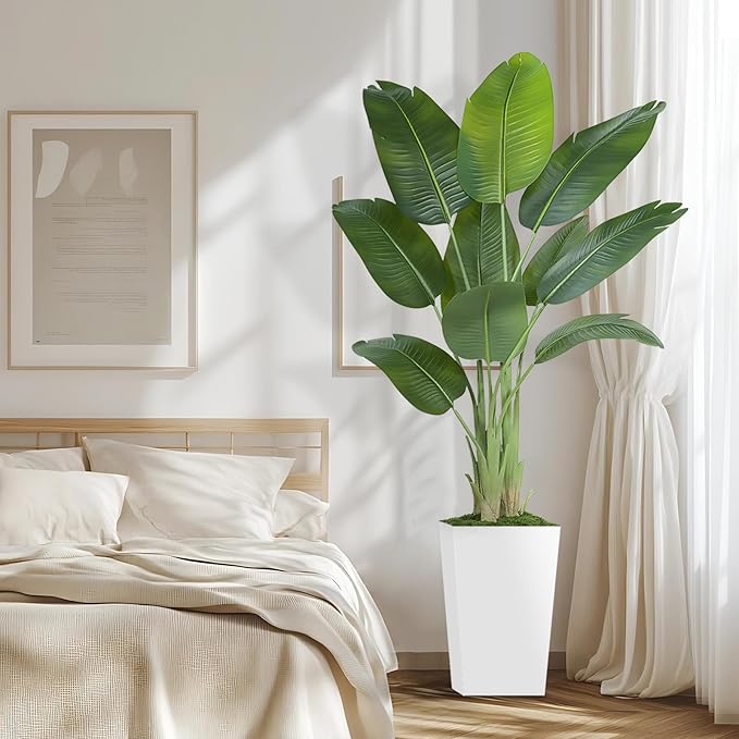Lifelike Bird of Paradise Artificial Plant 6ft Faux Banana Leaf Tree with White Tall Planter for Home Decor - Perfect Indoor Silk Floor Plant for Living Room, Office, and Bedroom Ambiance Enhancement