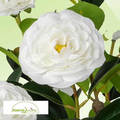 2 Pack Artificial Camellia Tree with White Pot, 24" Faux Potted Plants for Indoor Outdoor Decor, Tall Silk Greenery Plant for Home Office Living Room Balcony, White