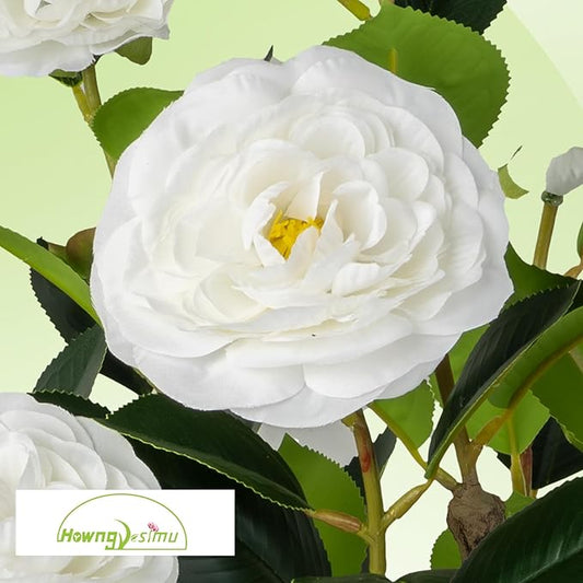 2 Pack Artificial Camellia Tree with White Pot, 24" Faux Potted Plants for Indoor Outdoor Decor, Tall Silk Greenery Plant for Home Office Living Room Balcony, White
