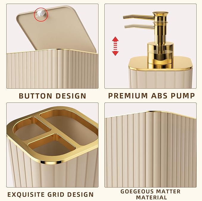 Bathroom Accessories Set - 25PC Bathroom Sets with Shower Curtain and Rugs, Beige Bathroom Accessories with Trash Can, Soap Dispenser, Soap Dish & Toilet Brush