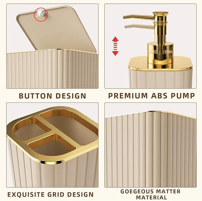 Bathroom Accessories Set - 25PC Bathroom Sets with Shower Curtain and Rugs, Beige Bathroom Accessories with Trash Can, Soap Dispenser, Soap Dish & Toilet Brush