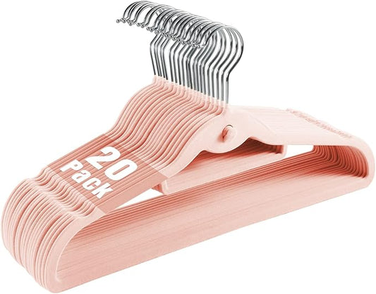 Velvet Clothing Hangers Slim Stackable Non-Slip Pink Suit Hanger Space Saving Clothes Hanger Heavy Duty Adult Hangers with 360°Swivel Hook Pack of 20