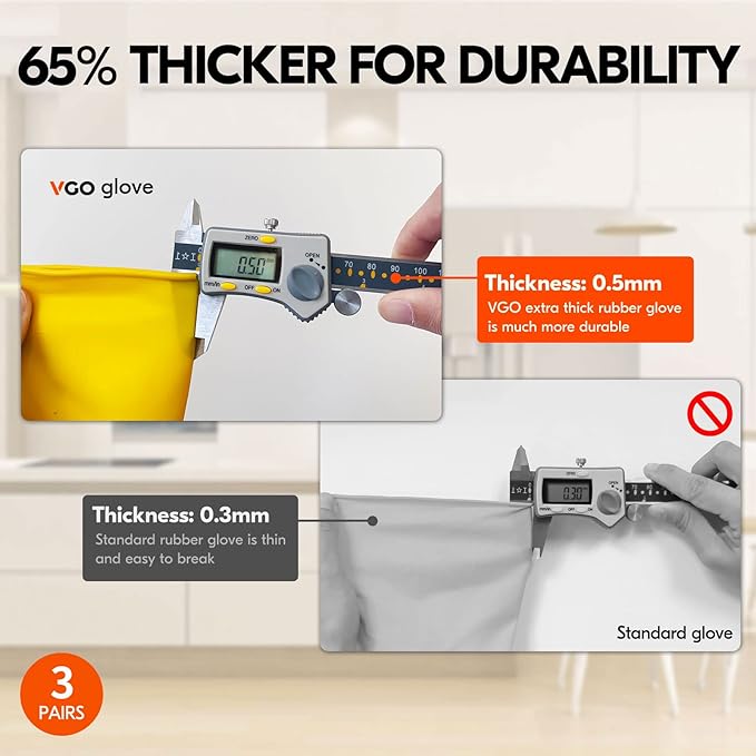 Vgo... 3-Pairs Reusable Household Gloves, Rubber Dishwashing gloves, Extra Thickness, Long Sleeves, Kitchen Cleaning, Working, Painting, Gardening, Pet Care (Size L, Yellow, HH4601)