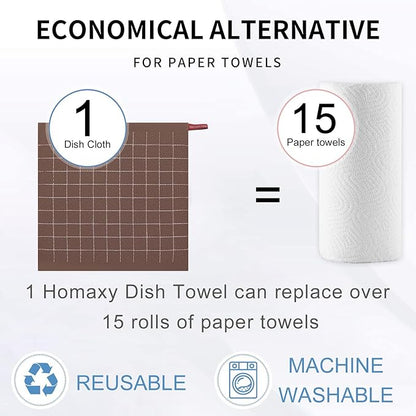 Homaxy 100% Cotton Terry Kitchen Towels(Brown, 13 x 28 inches), Checkered Designed, Soft and Super Absorbent Dish Towels, 6 Pack