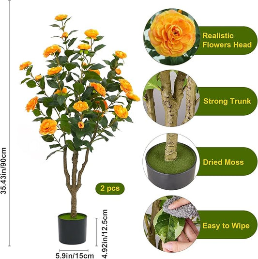 3Ft Artificial Camellia Tree 2pack, Orange Silk Flowers Faux Plant for Indoor Outdoor Home Decor, Realistic Potted Greenery for Office Porch Living Room