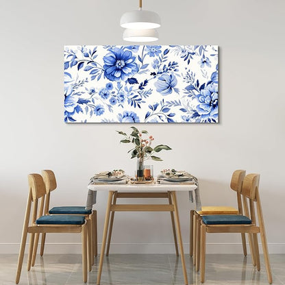 CanvasGarden Floral Canvas Wall Art, Blue Floral Pattern Watercolor Poster Varied Blooms Botanical Soft Flower Home Decor, Framed Prints for Living Room Bedroom Office Decor, 48x24Inch