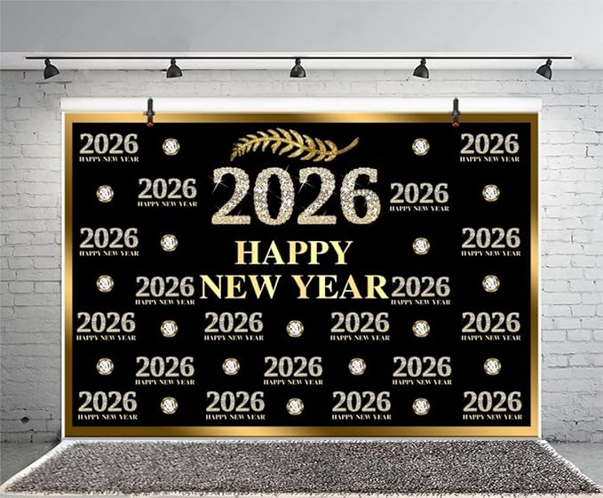 Leyiyi 12x10ft 2026 Happy New Year Backdrop Sparkling Diamond Black and Gold Photography Background Step and Repeat Diamond 2026 Photo Backdrop New Year Eve Holiday Party Photo Props