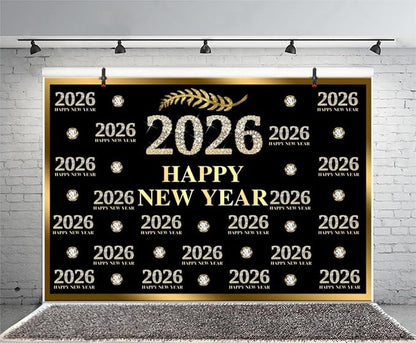 Leyiyi 10x6.5ft 2026 Happy New Year Backdrop Sparkling Diamond Black and Gold Photography Background Step and Repeat Diamond 2026 Photo Backdrop New Year Eve Holiday Party Photo Props