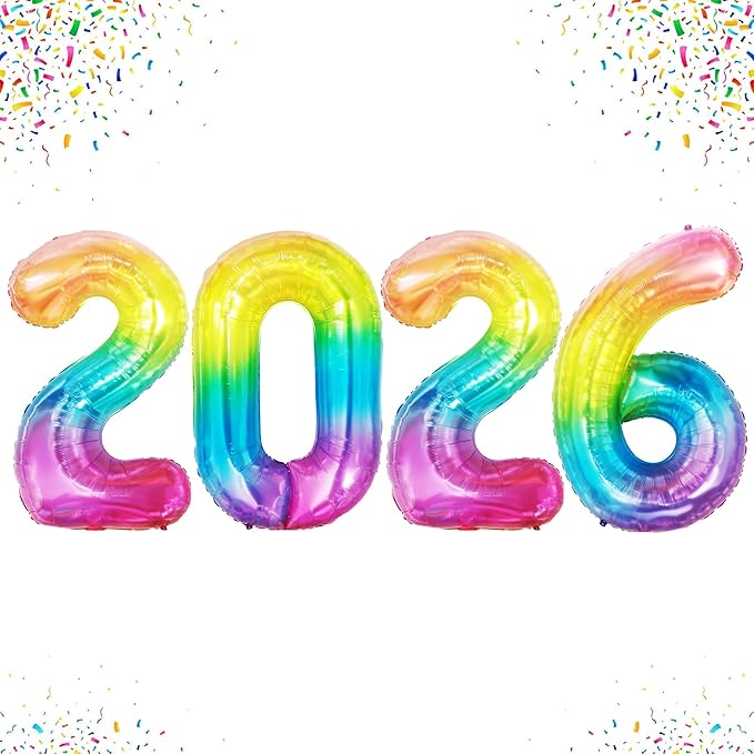 KatchOn, Large Rainbow 2026 Number Balloons - 42 Inch | 2026 Foil Balloons for New Years Decorations 2026 | Neon, Rainbow Balloon Numbers for Birthday Decorations | New Years Eve Party Supplies 2026