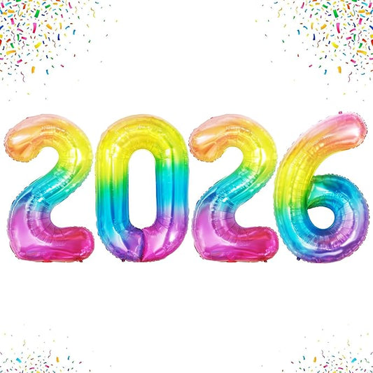 KatchOn, Large Rainbow 2026 Number Balloons - 42 Inch | 2026 Foil Balloons for New Years Decorations 2026 | Neon, Rainbow Balloon Numbers for Birthday Decorations | New Years Eve Party Supplies 2026