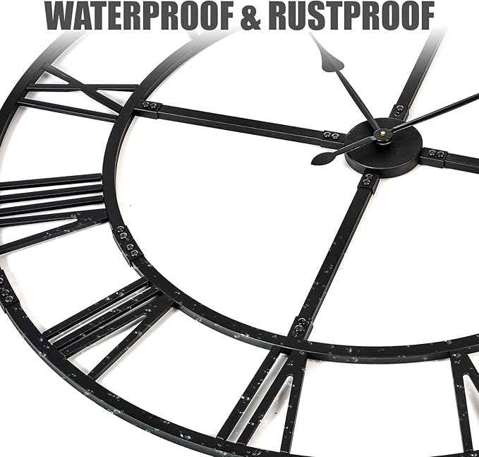 Large Wall Clock for Living Room Decor – 60 Inch Silent Non-Ticking Modern Farmhouse Wall Clock, Oversized Decorative Metal Roman Numeral Clock (Pure Black, 60 Inch)
