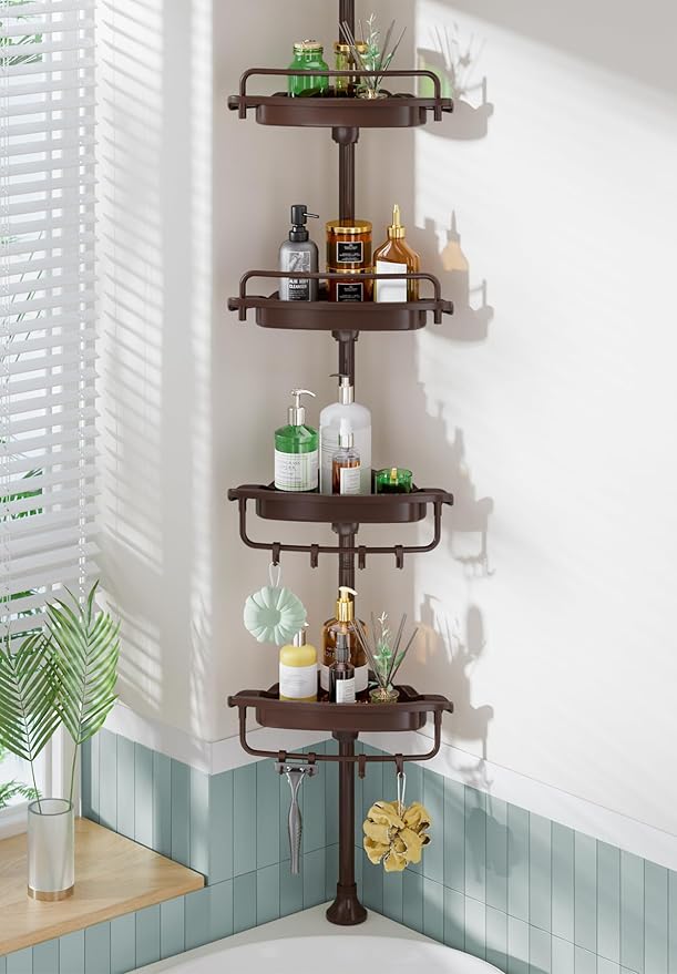 Corner Shower Caddy Tension Pole Brown Shower Caddy 18/8 Stainless Steel Rustproof 4 Tier Adjustable Shower Organizer Bathroom Shelves Storage Rack 32-122inch