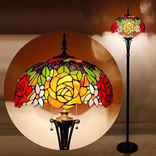 Tiffany Floor Lamp Red Yellow Rose Stained Glass Standing Reading Light 16X16X70 Inches Antique Pole Corner Lamp Decor Bedroom Office Living Room