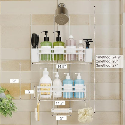 Shower Caddy Hanging for Bathroom Organizers and Storage, Adjustable Anti-Swing Shower Organizer for Wall-Mounted Showerhead with Heavy-Duty Suction Cups, Damage-Free Rustproof (White)