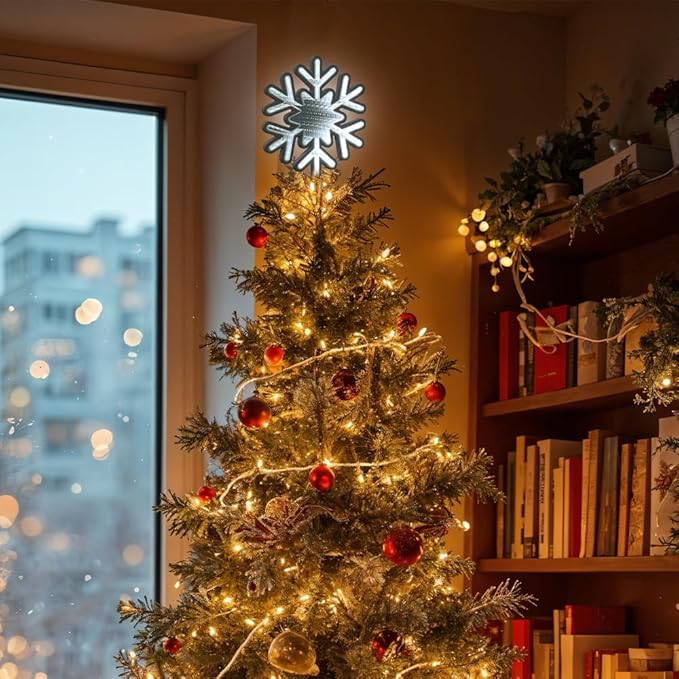 MEETYAMOR Christmas Tree Topper, 10 Inches 200 LEDs Lighted White Snowflake Star Tree Topper, 3D Infinity Mirror Snow White Lights Sparkling Treetop Christmas Decorations, Winter Xmas Decor Indoor