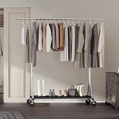 MAXLEAD Clothes Rack, Clothing Rack with Wood Shelves 500 LBS Heavy Duty Garment Rack for Hanging Clothes Portable Closet Sturdy Coat Rack for Bedroom, Living Room, Laundry, Balcony, Silver