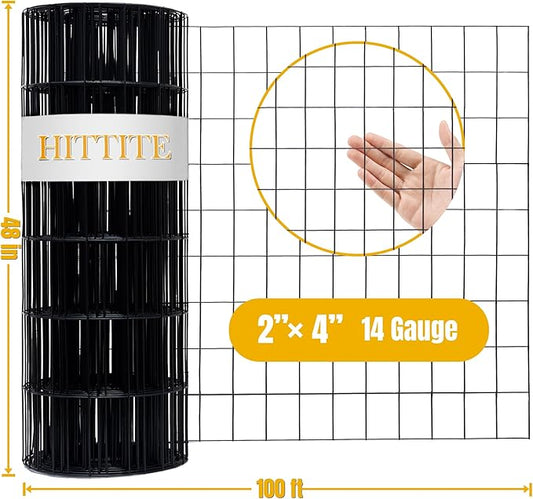 Black PVC Coated Welded Wire Fencing, 48in High x 100ft Long, 2 inch x 4 inch 14GA 2/3/4/5/6 Ft Tall Welded Wire Fence Rolls, Black Metal Garden Fence Wire Roll Garden Fencing for Yard