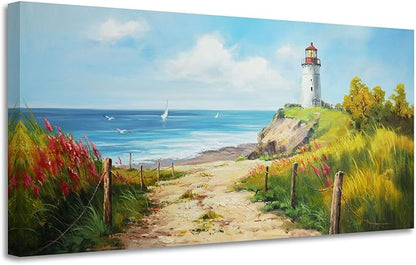 Acocifi Blue Coastal Wall Art Lighthouse Picture Nature Fall Landscape Ocean Beach Seascape Canvas Painting, Textured Artwork Large Framed for Living Room Bedroom Bathroom Office Home Decor 48"x24"