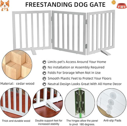 Dog Gate Indoor, Freestanding Dog Fence for The House, Doorways, Hallways,or Stairs,Pet Gate Foldable Wooden,Expandable 24" Height 3 Panels,White