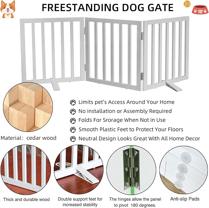 Dog Gate Indoor, Freestanding Dog Fence for The House, Doorways, Hallways,or Stairs,Pet Gate Foldable Wooden,Expandable 32" Height 3 Panels,White