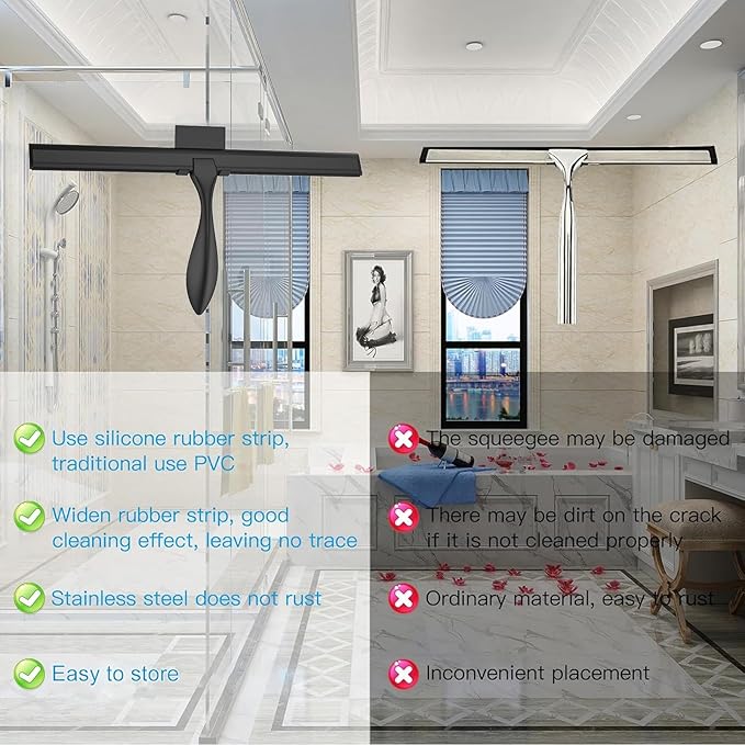 peafowl Shower Squeegee Stainless Steel Bath Squeegee for Shower Glass Doors Bathroom Windows Kitchen Mirror and Car Glass with Hooks Holder (14 inch, Black)