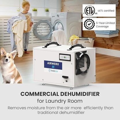 BaseAire Crawlspace Dehumidifier,113 Pints Commercial Dehumidifiers with Drain Hose for Whole House Basement, Industry, Compact, Auto Defrost, Memory Starting, Up to 1200 Sq Ft