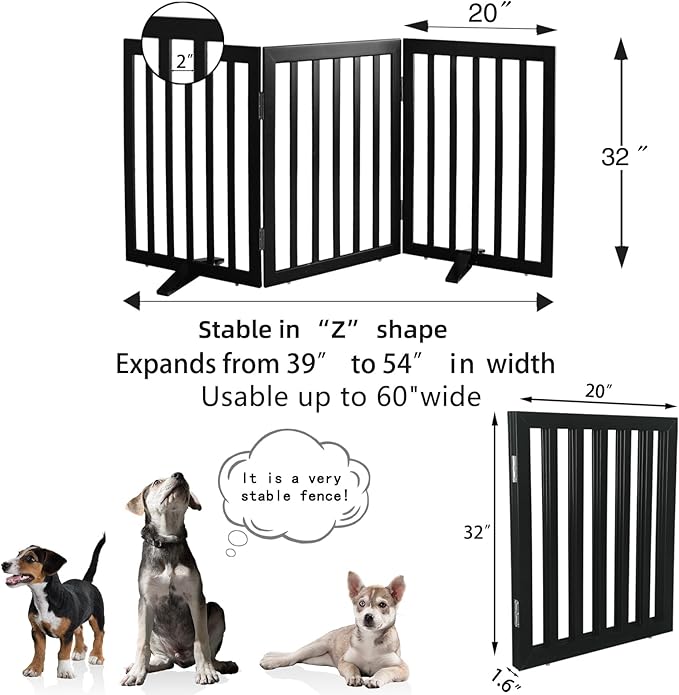 Dog Gate Indoor, Freestanding Dog Fence for The House, Doorways, Hallways,or Stairs,Pet Gate Foldable Wooden,Expandable 32" Height 3 Panels,Black