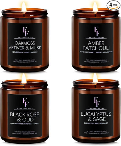 Scented Candles Set, Candles for Home Scented Soy Wax Candle, 4 Pack 28 Oz Aromatherapy Candles Gift Set for Women Men (Patchouli/Vetiver/Sage/Rose)