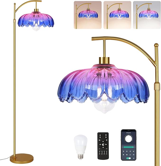 Floor Lamp for Living Room,Bedroom,Gold Dimmable Standing Lamp with Remote,Mid Century Modern Brass Tall Lamp Retro Vintage Glass Lamp Floor Light Boho Bohemian