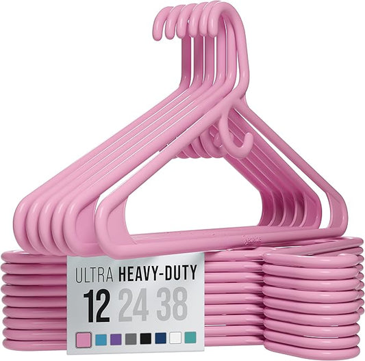 NEATERIZE Ultra Heavy Duty Plastic Clothes Hangers - Pink - Durable Coat, Suit and Clothes Hanger. Perchas De Ropa (12 Pack - Pink)