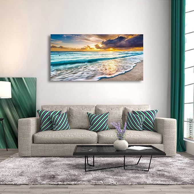 Beach Canvas Wall Art Seascape Theme Pictures Home Decor Blue Ocean White Wave Sunset Prints Painting for Living Room Bathroom Bedroom Kitchen Office Decorations Natural Landscape Artwork 28x57 inches