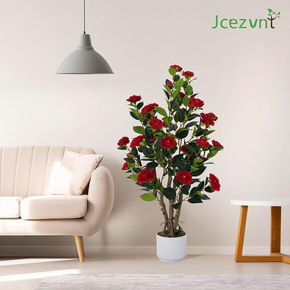2 Pack Artificial Camellia Tree with White Pot, 38" Faux Potted Plants for Indoor Outdoor Decor, Tall Silk Greenery Plant for Home Office Living Room Balcony, Red